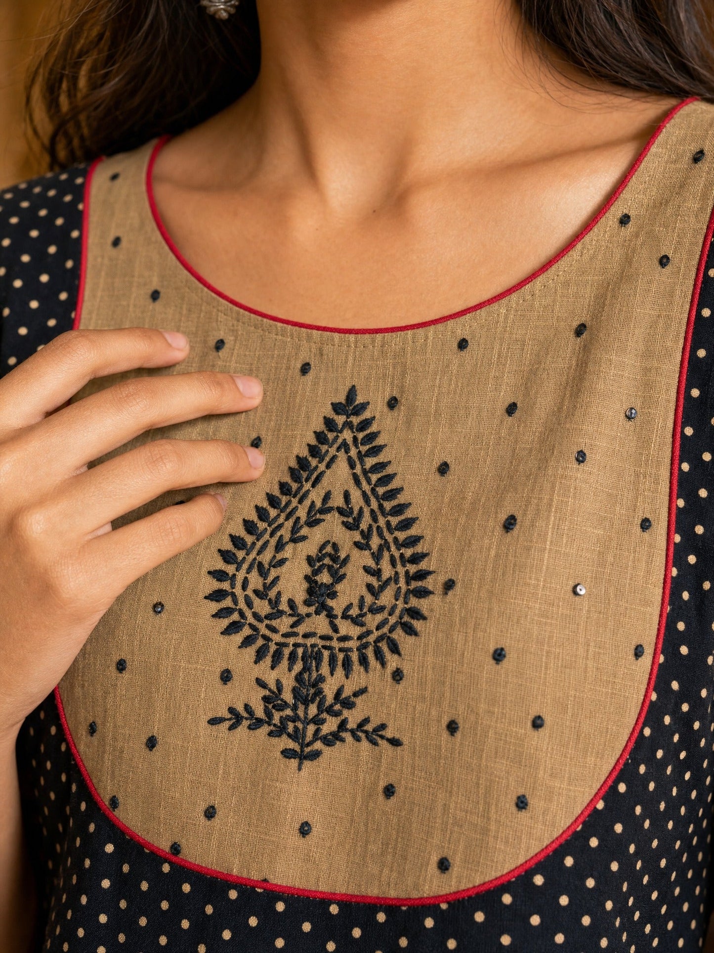 Striking Beige Cotton Kurta with Black Dotted Contrast Yoke & Embroidered Motif