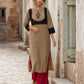 Striking Beige Cotton Kurta with Black Dotted Contrast Yoke & Embroidered Motif