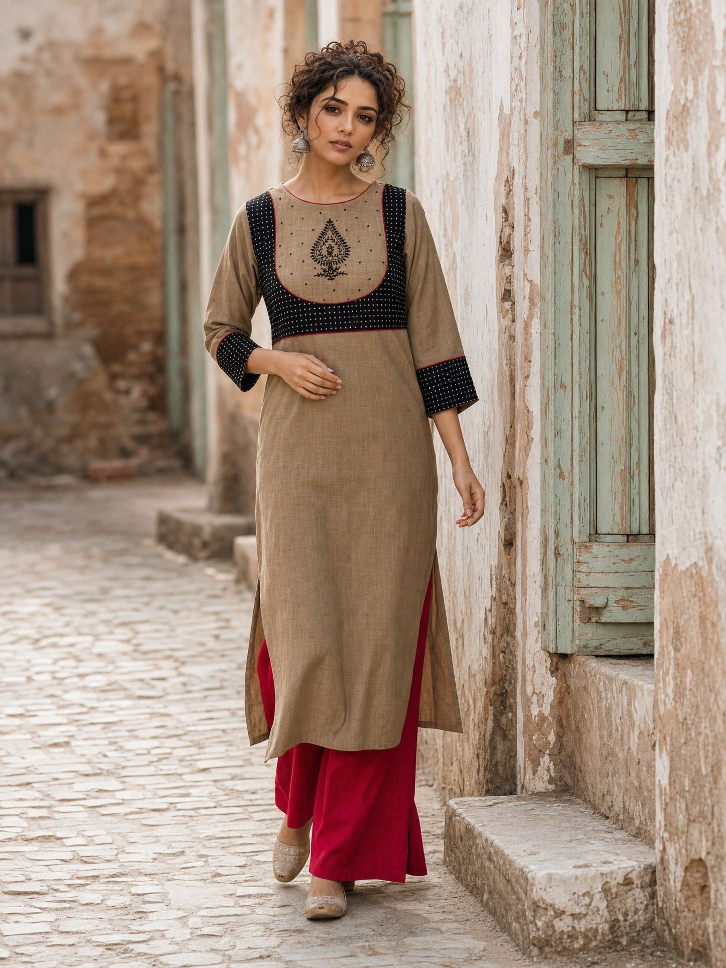 Striking Beige Cotton Kurta with Black Dotted Contrast Yoke & Embroidered Motif