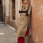 Striking Beige Cotton Kurta with Black Dotted Contrast Yoke & Embroidered Motif