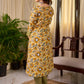 Bright Yellow Floral Print Cotton A-Line Kurta with Contrast Striped Cuff