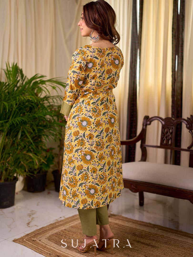 Bright Yellow Floral Print Cotton A-Line Kurta with Contrast Striped Cuff