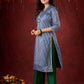 Midnight Blue Brocade Kurta with Subtle Stripes & Minimal Embellishments