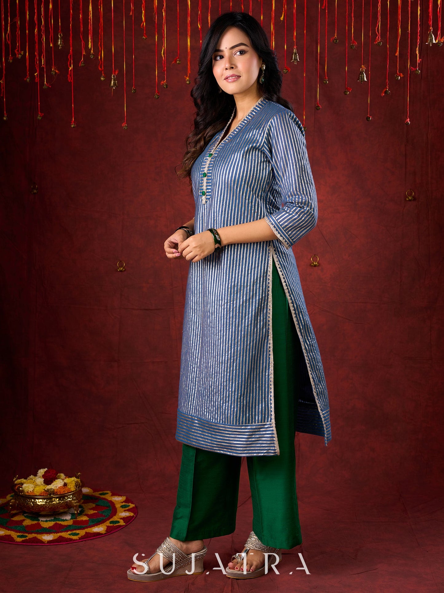 Midnight Blue Brocade Kurta with Subtle Stripes & Minimal Embellishments