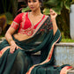 Timeless Bottle Green Georgette Saree with Contrast Red Benarasi Border & Hand Embroidered Pallu