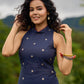 Jamdani design Blue Halter Dress with Hand-Painted Kalamkari Border - Kalamkari Jacket Additional