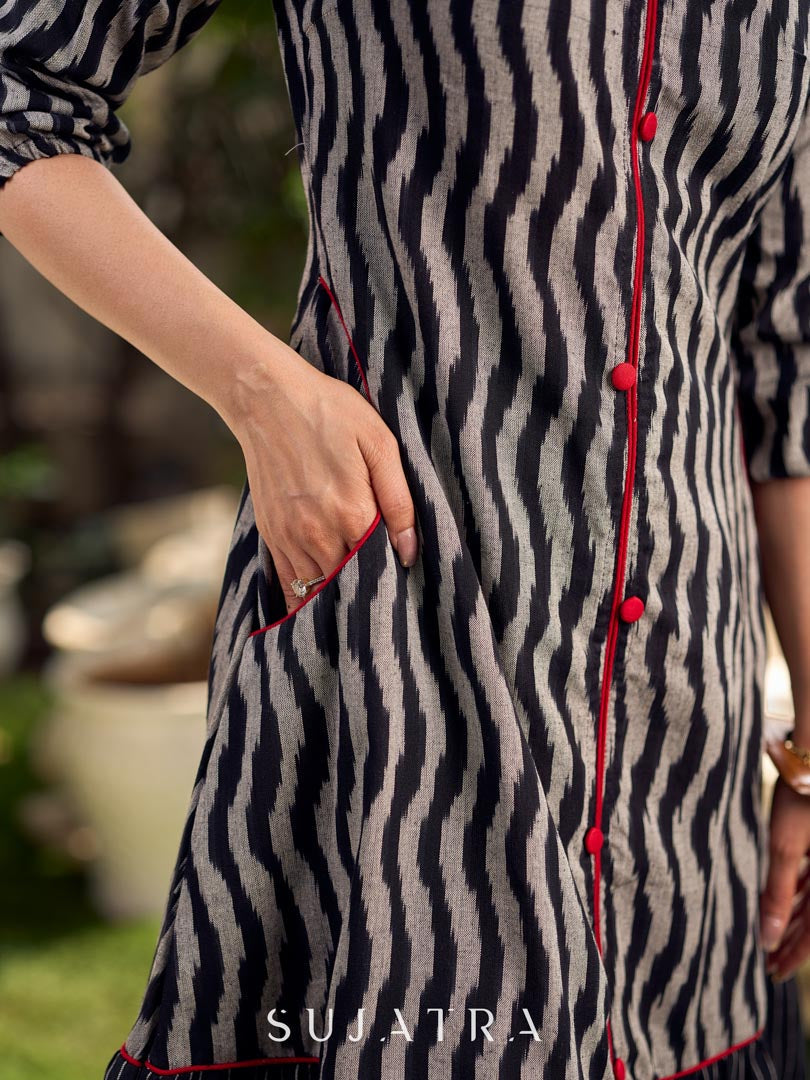 Black grey Ikat dress with soft frill detailing at the neckline, accented with red highlights, and finished with gentle gathers toward the bottom for a fluid silhouette