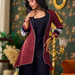 Elegant Maroon Ikat Jacket Featuring Black Collar and Delicate Mirror Lace Embellishments