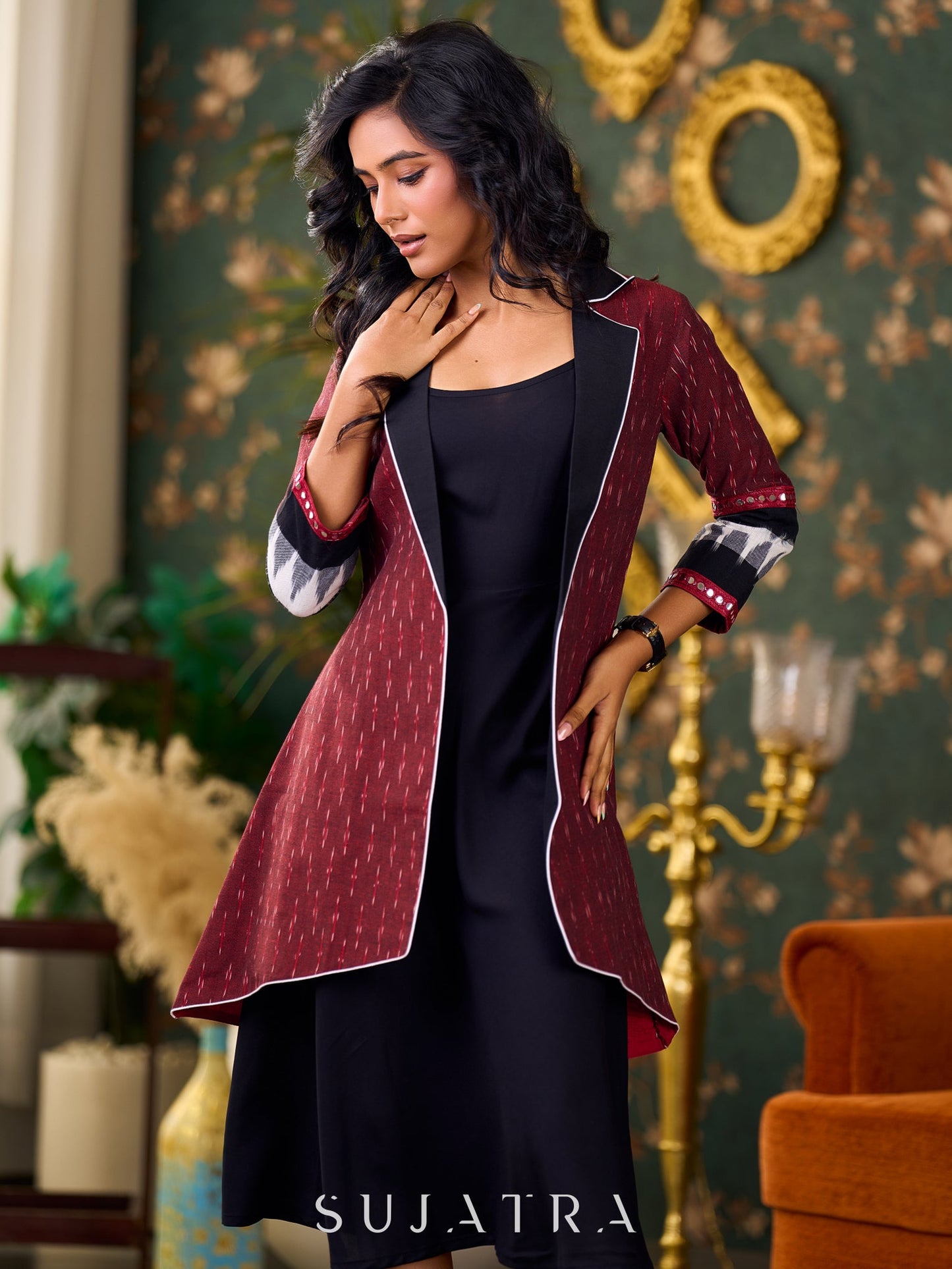 Elegant Maroon Ikat Jacket Featuring Black Collar and Delicate Mirror Lace Embellishments