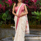 Ivory Jamdani cotton saree with delicate pink woven paisley motifs