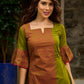 Vibrant Olive Mul Cotton Panelled A-Line Dress with Floral Hand Block Printed Panel & Flared Sleeves