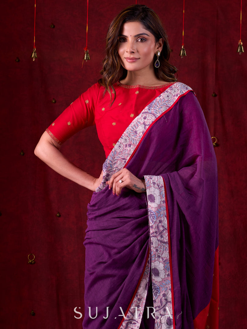 Ethereal Dual-Tone Purple Mul Cotton Saree with Floral Border, Red Tassel Highlights & Intricate Embroidered Pallu