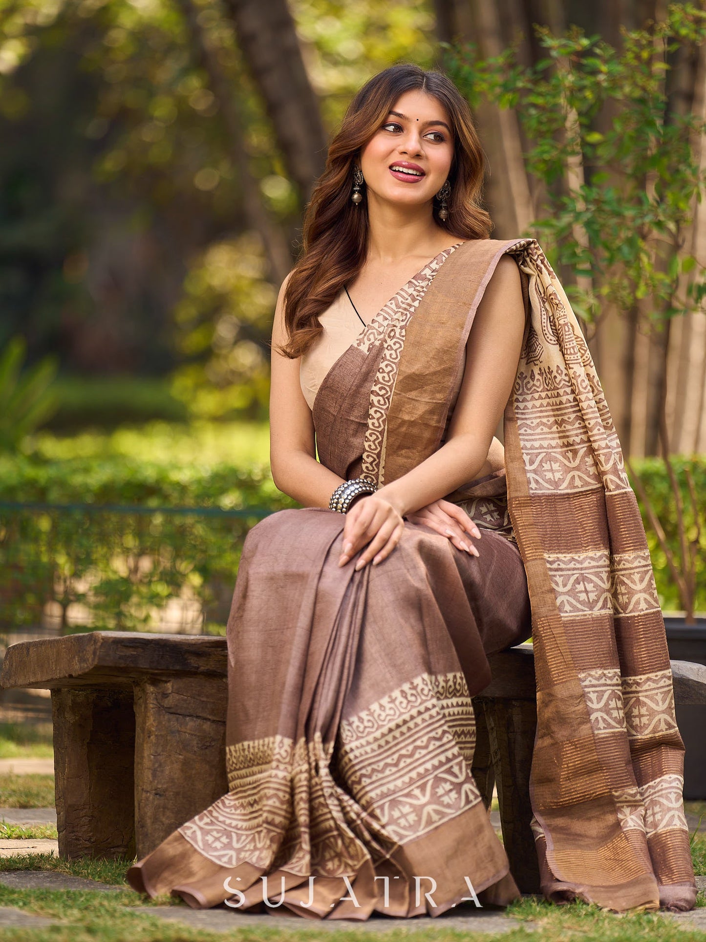 Elegant Earthy Pure Tussar Silk Block Print Saree featuring Heritage Prints and Natural Tones