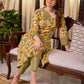 Bright Yellow Floral Print Cotton A-Line Kurta with Contrast Striped Cuff