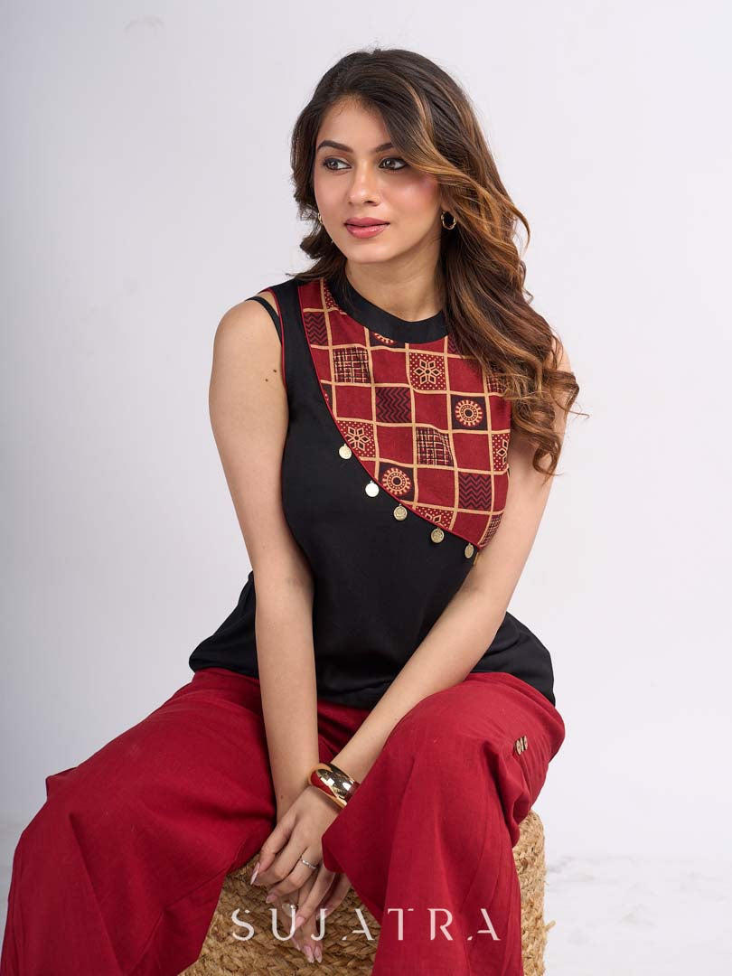 Black Ethnic Top with Asymmetric Ajrakh Panel and Coin Embellishment
