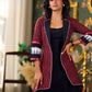 Elegant Maroon Ikat Jacket Featuring Black Collar and Delicate Mirror Lace Embellishments