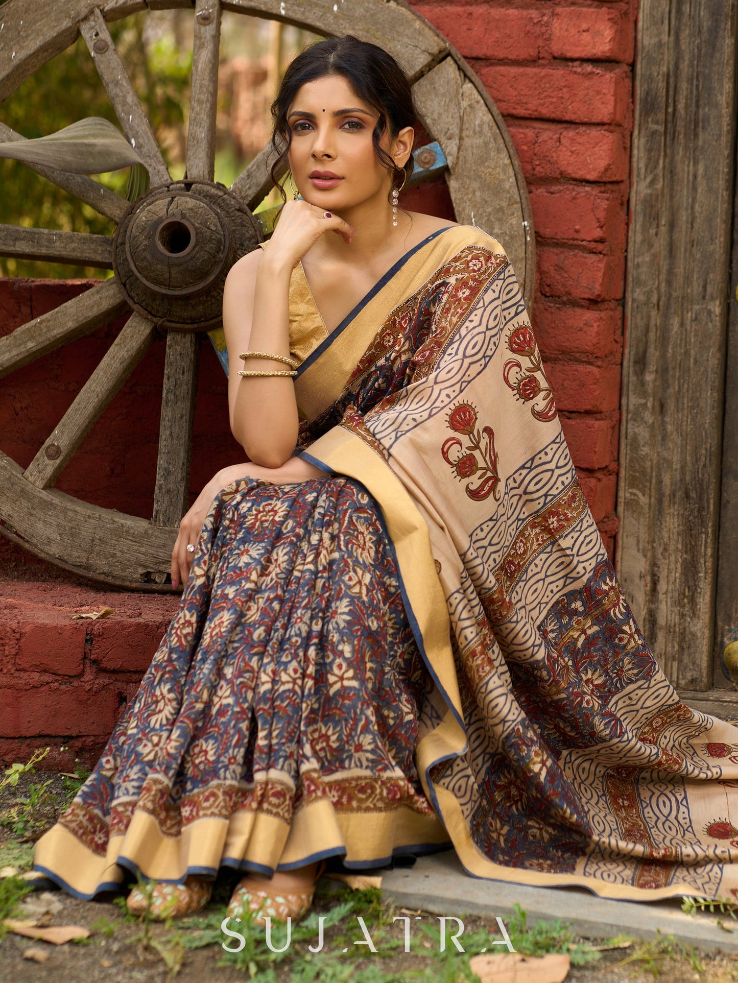 Graceful pure Chanderi saree with intricate hand block prints and contrast pallu