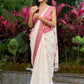 Ivory Jamdani cotton saree with delicate pink woven paisley motifs
