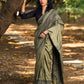 Natural Sage Green Cotton Saree with Traditional Black Hand Block Printed Border