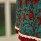 Flowy Green Floral Printed Cotton Dress with Flared Silhouette, Maroon Contrast Trims, and Crochet Lace Edges