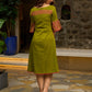 Vibrant Olive Mul Cotton Panelled A-Line Dress with Floral Hand Block Printed Panel & Flared Sleeves