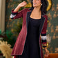 Elegant Maroon Ikat Jacket Featuring Black Collar and Delicate Mirror Lace Embellishments