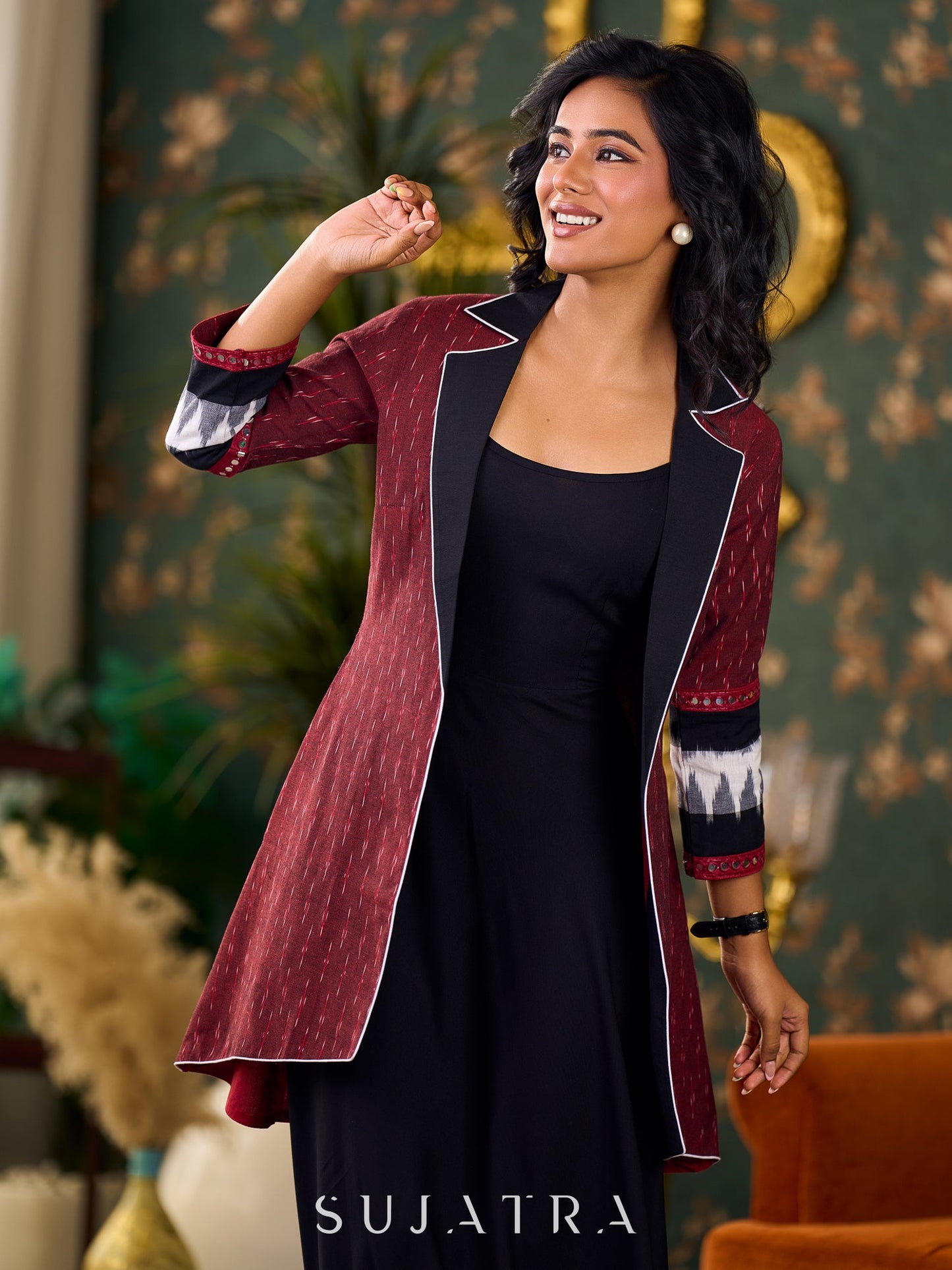 Elegant Maroon Ikat Jacket Featuring Black Collar and Delicate Mirror Lace Embellishments