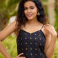 Graceful Black Silk Strappy Short Kurta Ensemble with Golden Butta - Dhoti pant Additional