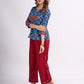 Indigo Geometric Printed Top with Ajrakh Border, Hand Kantha Stitches and Maroon Embellishments