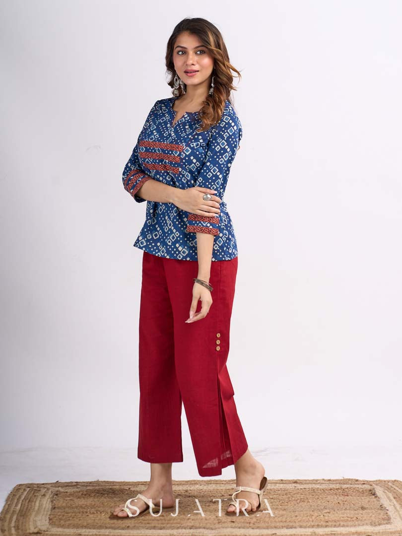 Indigo Geometric Printed Top with Ajrakh Border, Hand Kantha Stitches and Maroon Embellishments