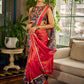 Classic Navy Saree Featuring Digital Rose Floral Print & Vibrant Red Tissue Contrast Border & Gold Trim