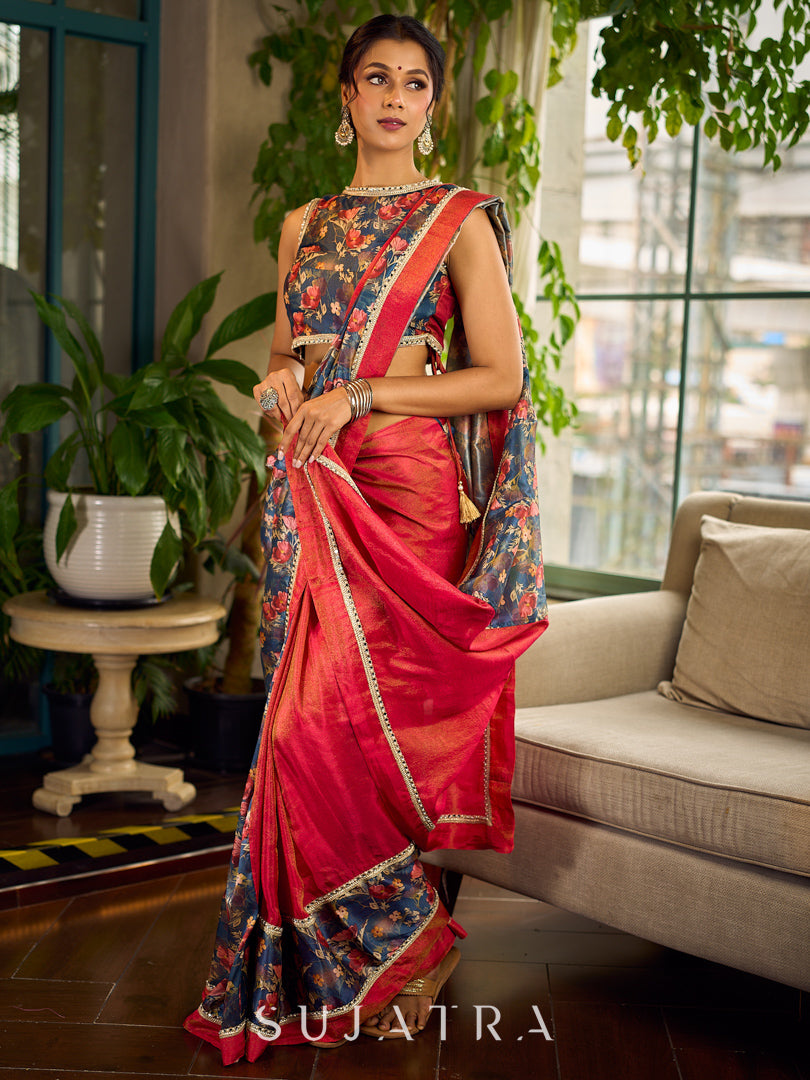 Classic Navy Saree Featuring Digital Rose Floral Print & Vibrant Red Tissue Contrast Border & Gold Trim