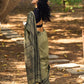 Natural Sage Green Cotton Saree with Traditional Black Hand Block Printed Border