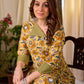 Bright Yellow Floral Print Cotton A-Line Kurta with Contrast Striped Cuff