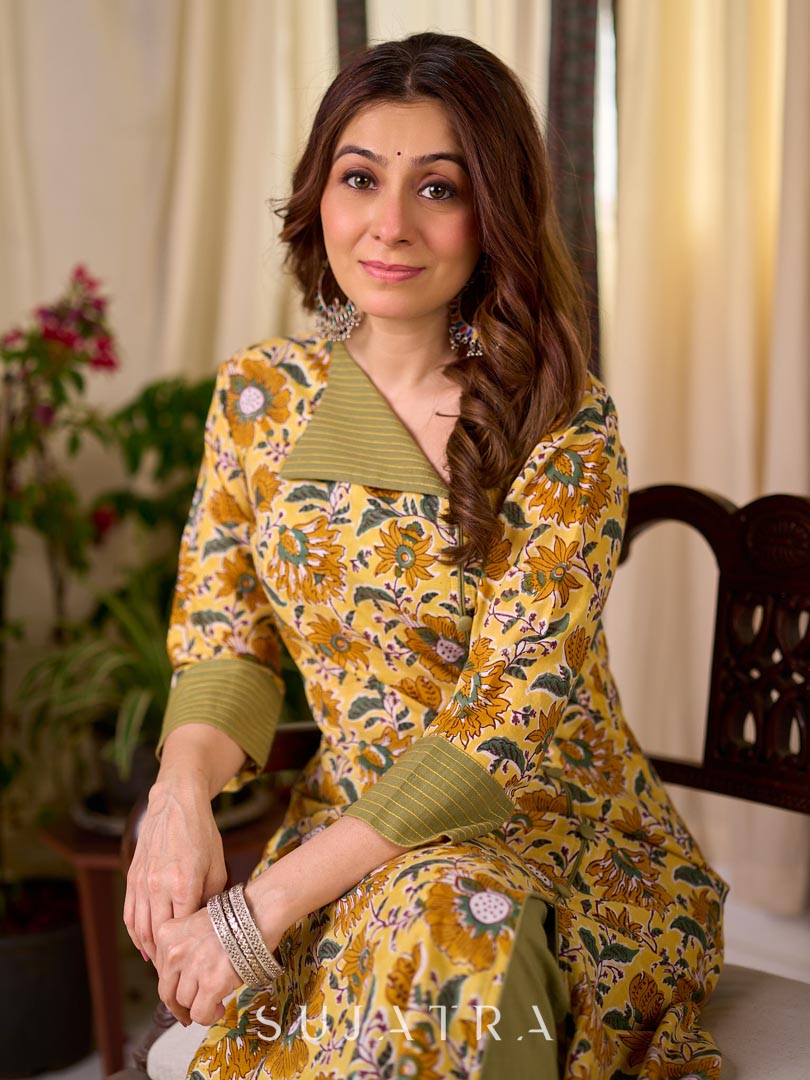 Bright Yellow Floral Print Cotton A-Line Kurta with Contrast Striped Cuff