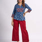 Indigo Geometric Printed Top with Ajrakh Border, Hand Kantha Stitches and Maroon Embellishments