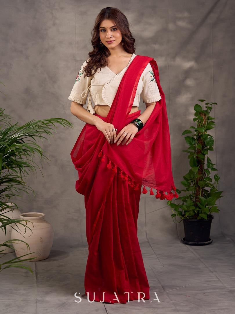 Ivory Cotton Blouse with Embroidered Floral Motif