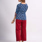 Indigo Geometric Printed Top with Ajrakh Border, Hand Kantha Stitches and Maroon Embellishments