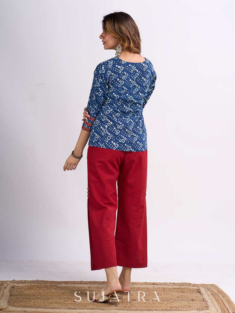 Indigo Geometric Printed Top with Ajrakh Border, Hand Kantha Stitches and Maroon Embellishments