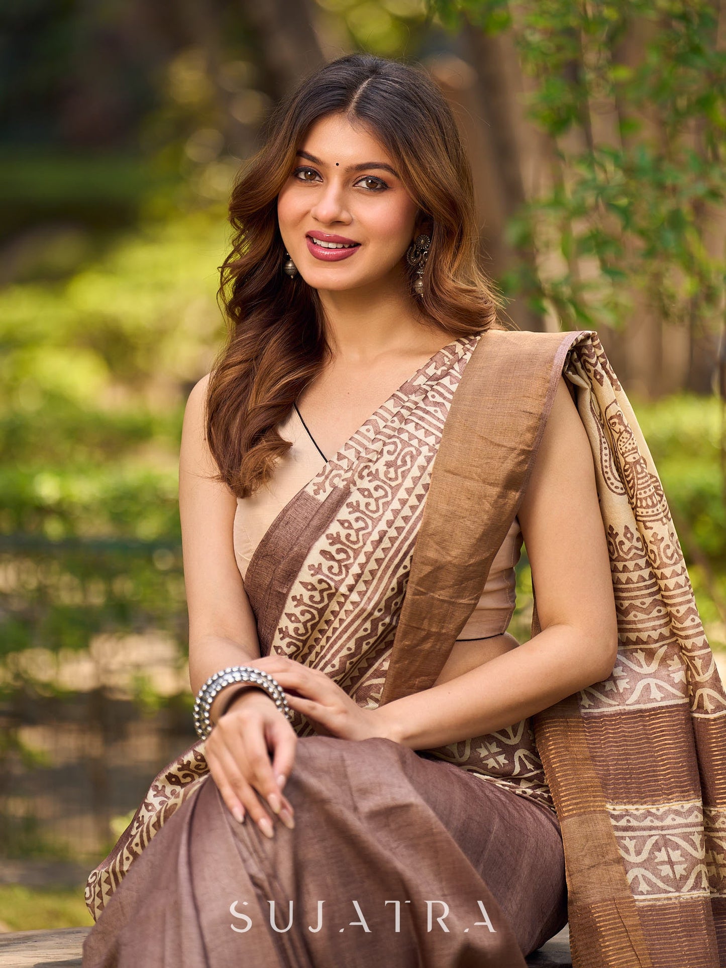 Elegant Earthy Pure Tussar Silk Block Print Saree featuring Heritage Prints and Natural Tones