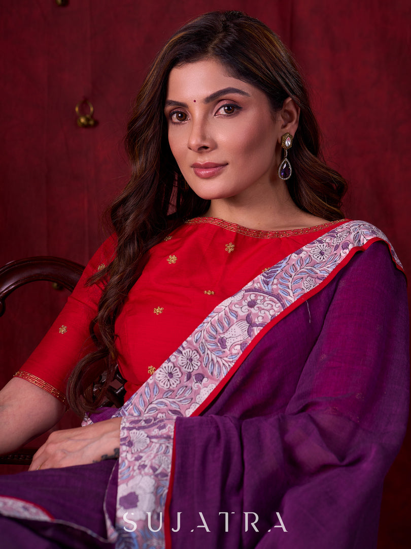 Ethereal Dual-Tone Purple Mul Cotton Saree with Floral Border, Red Tassel Highlights & Intricate Embroidered Pallu