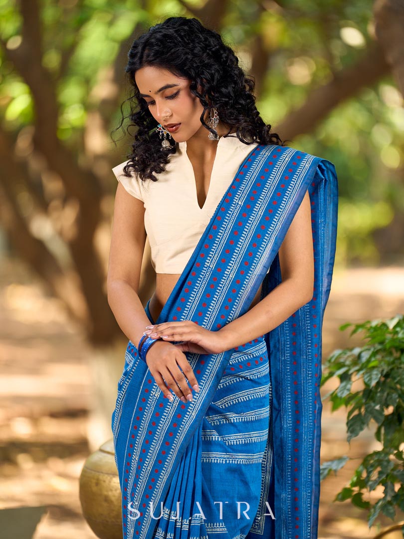 Classic Blue Cotton Saree with Traditional Hand Block Printed Border