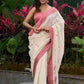 Ivory Jamdani cotton saree with delicate pink woven paisley motifs