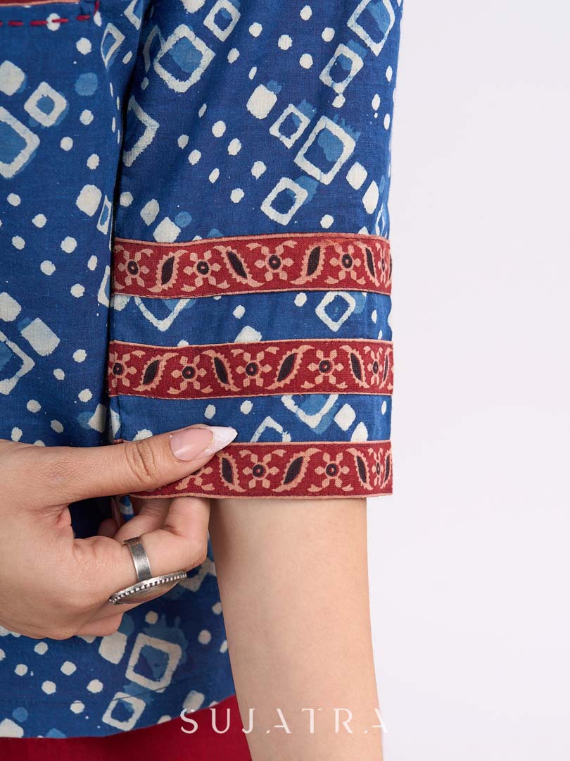 Indigo Geometric Printed Top with Ajrakh Border, Hand Kantha Stitches and Maroon Embellishments