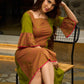 Vibrant Olive Mul Cotton Panelled A-Line Dress with Floral Hand Block Printed Panel & Flared Sleeves