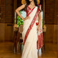 Heritage white Chanderi saree with benarasi border featuring artisanal hand-painted floral motifs