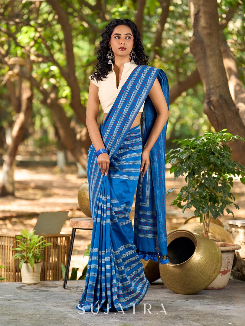 Classic Blue Cotton Saree with Traditional Hand Block Printed Border