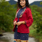 Jamdani design Blue Halter Dress with Hand-Painted Kalamkari Border - Kalamkari Jacket Additional