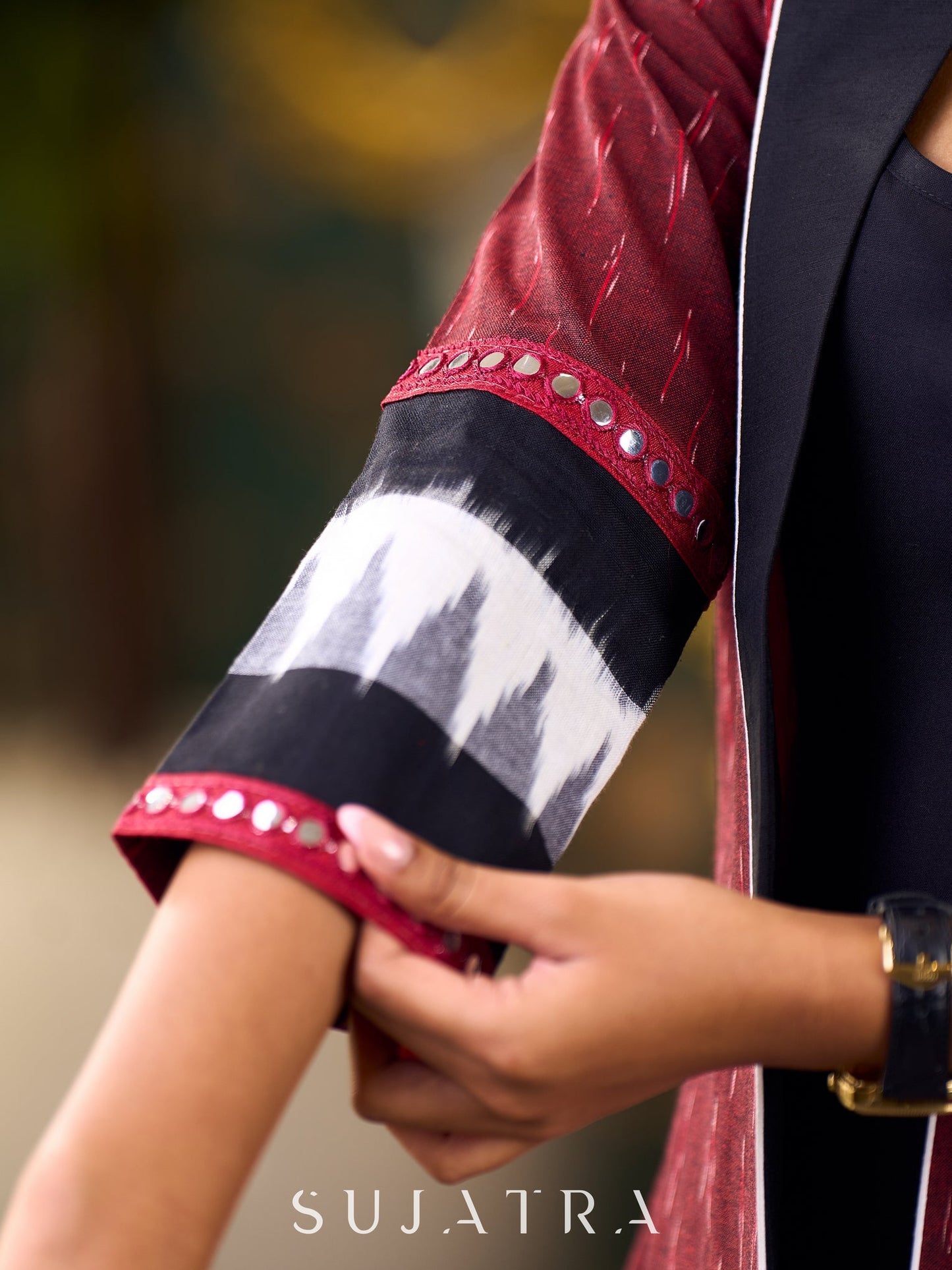 Elegant Maroon Ikat Jacket Featuring Black Collar and Delicate Mirror Lace Embellishments