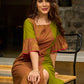 Vibrant Olive Mul Cotton Panelled A-Line Dress with Floral Hand Block Printed Panel & Flared Sleeves